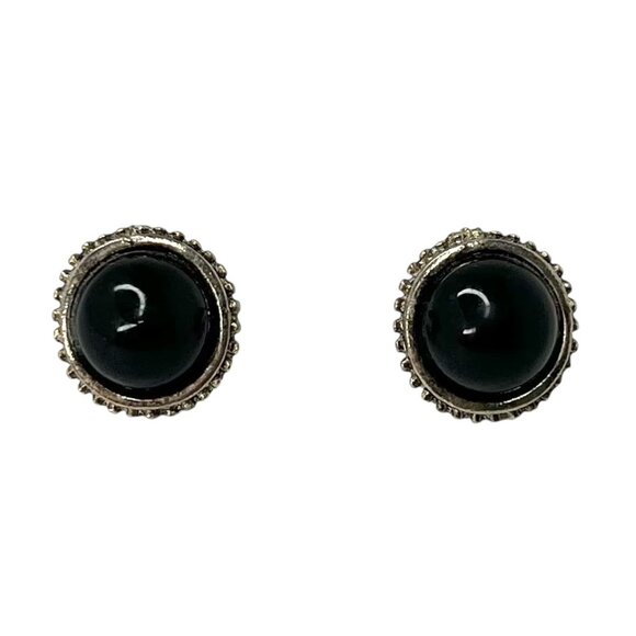 Vintage Inspired Black Onyx Stud Earrings Silver-Tone Bezel Classic Elegance - Picture 1 of 5